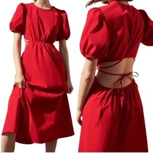 NWOT Zara Red Puff-Sleeve Cutout Midi Dress